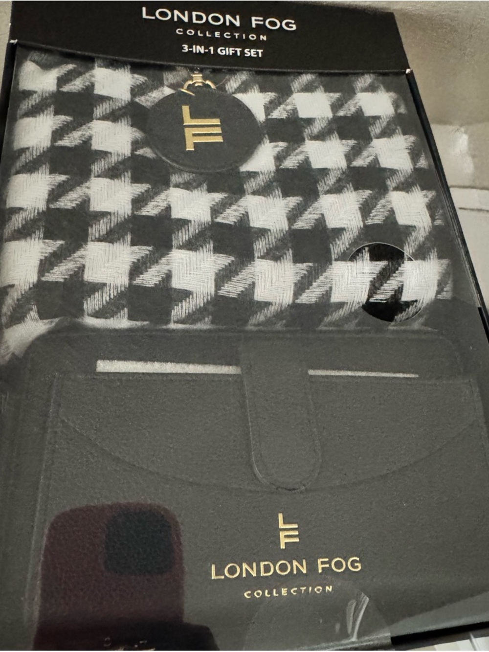 London Fog Black & White Houndstooth Scarf with Black Wallet Set